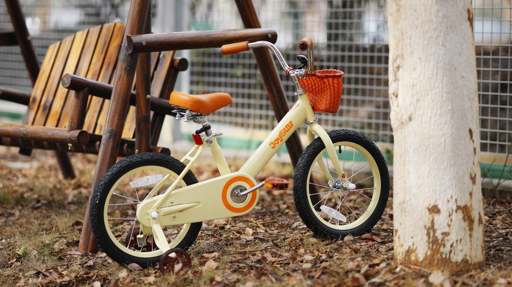 JOYSTAR Vintage 14 inch Ages 3 to 6 Kids Training Wheel Bike with Basket Beige