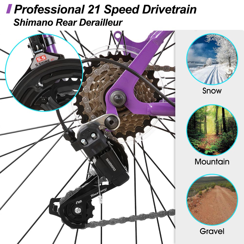 HILAND Lilac 26 Inch Womens Mens Mountain Bike 21 Speed with Suspension Fork