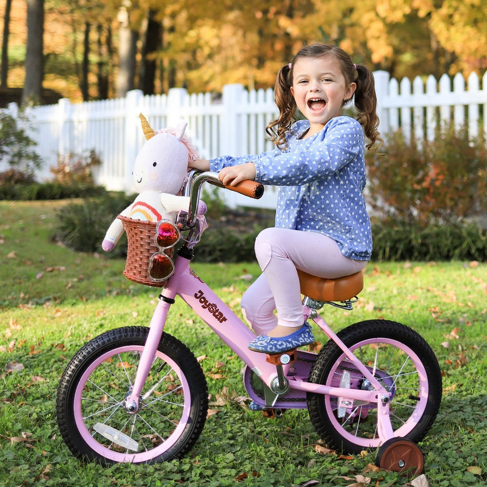 JOYSTAR Vintage 14 inch Ages 3 to 6 Kids Training Wheel Bike with Basket Beige