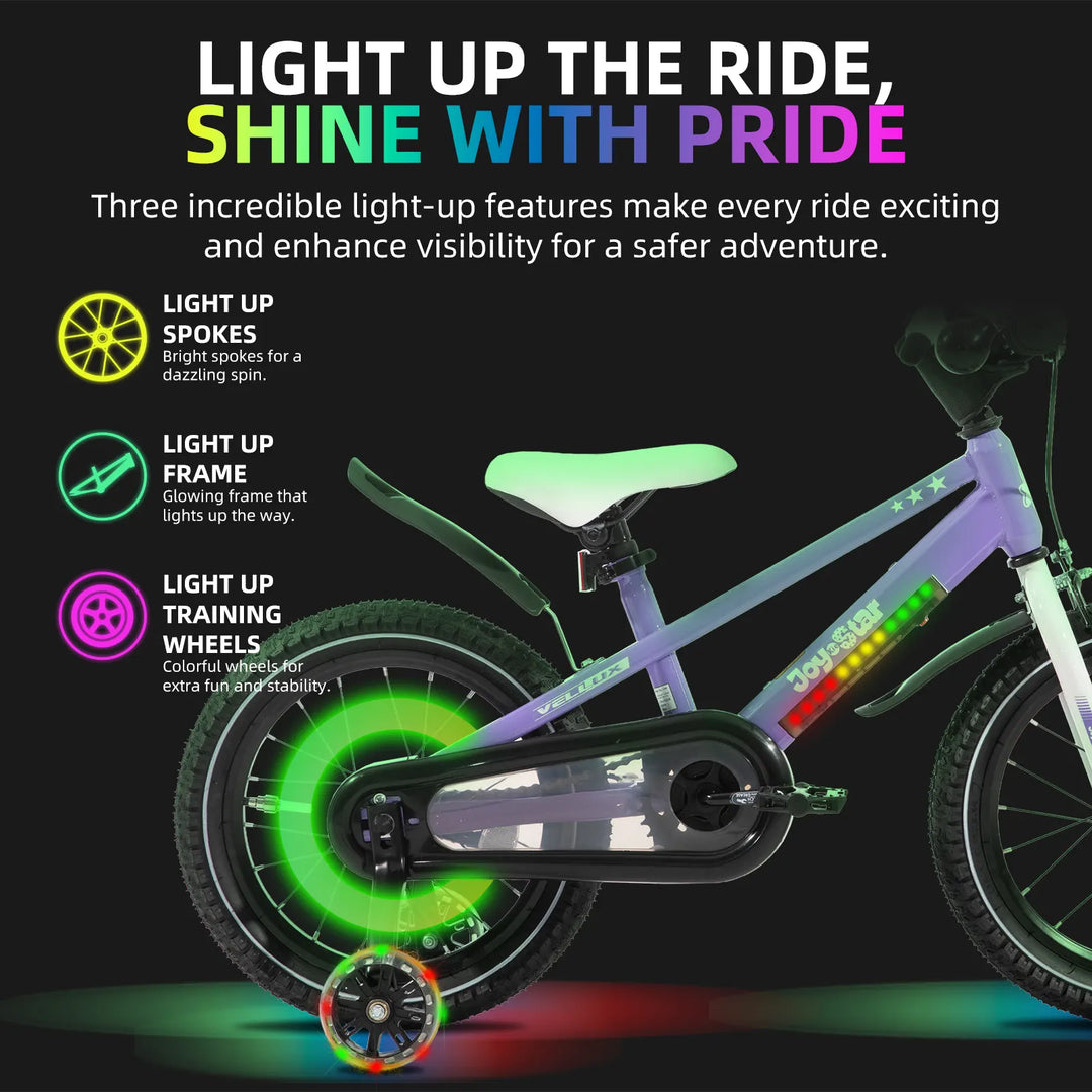 JOYSTAR Vellux Light Up 12 16 20 Inch Kids Bike with Training Wheels